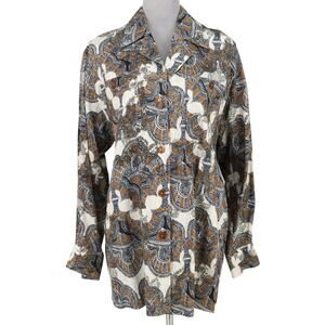 Laurel Escada Top Womens 6 Gray Brown Paisley Cotton Blouse Pockets Vintage